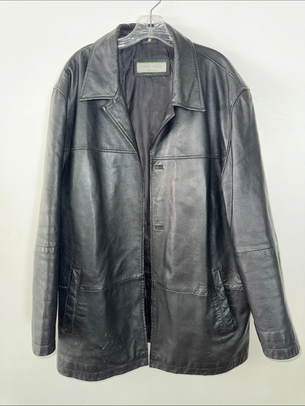 Vintage Joseph Abboud Black‎ Leather Car Coat Jacket Button Up Mens XL